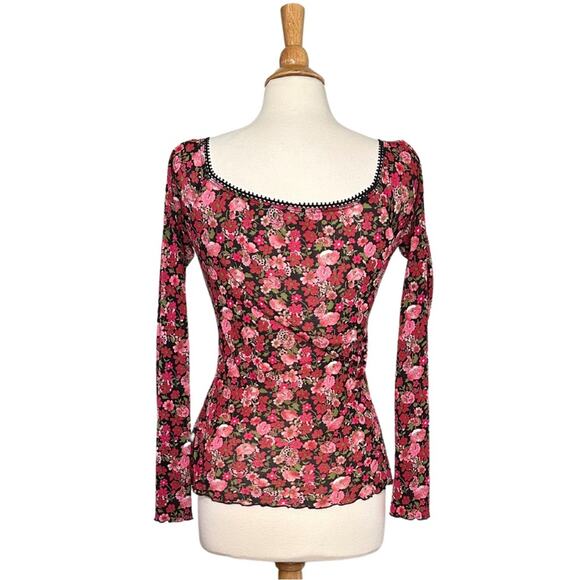 Pink and Black Y2K Long Sleeve Semi Sheer Long Sleeve Floral Square Neck ST20 - Picture 2 of 9